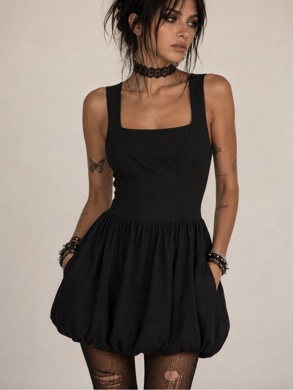 Monteau Black Square-Neck Bubble Hem Dress / Little Black Dress / Minimalist